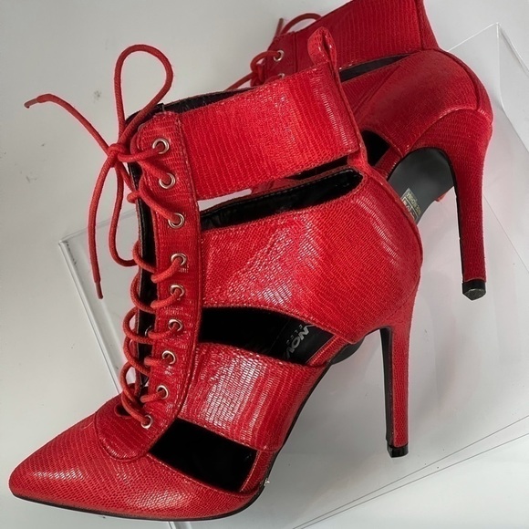 Fashion Nova Red Stiletto Pumps Heels Strappy Lace Up Ankle Boots Sexy, Sz 7 - Picture 7 of 8